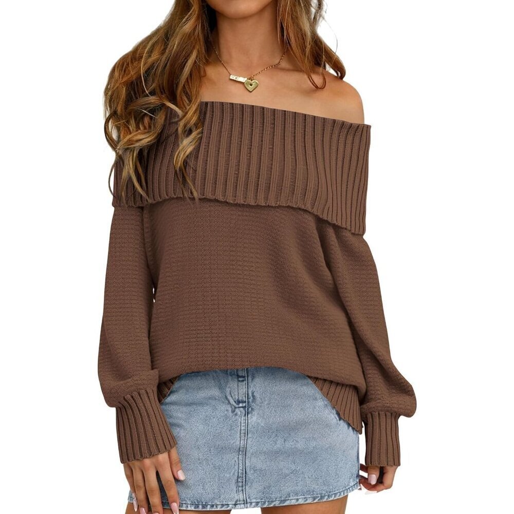 Womens Off Shoulder Sweater Long Sleeve Knit Pullover Fall Fashion Style